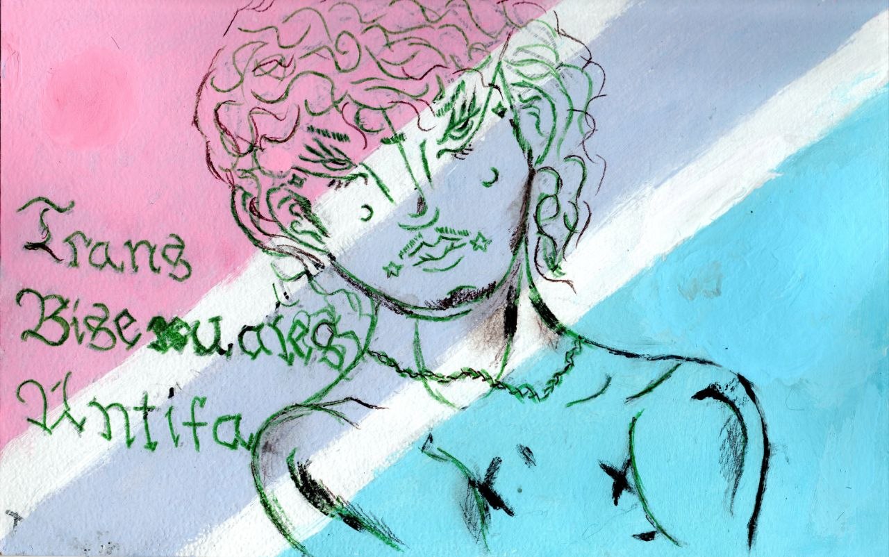 pintórico de persona andrógina a partir de trazos negros en un fondo rosa, morado y azul con el texto «Trans Bisexuales Antifa»